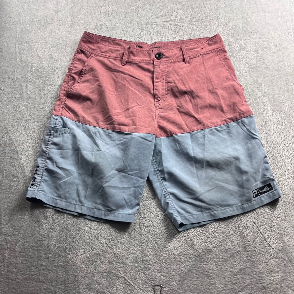 Pelagic Deep Sea Hybrid Shorts Mens 34 Red Blue Colorblock Fishing Boardshorts